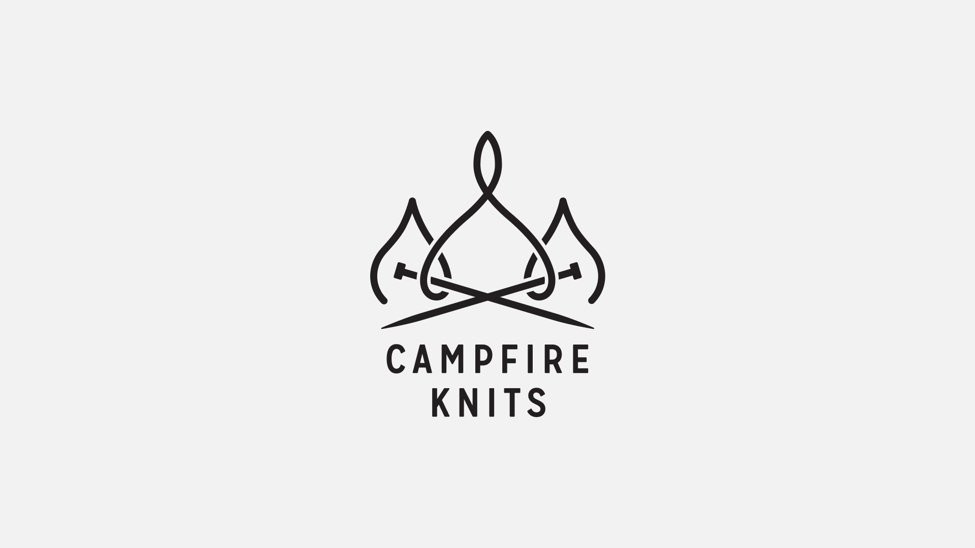 Logo depicting two sewing needles through a loop of yarn in the shape of two logs fueling a campfire with name Campfire Knits