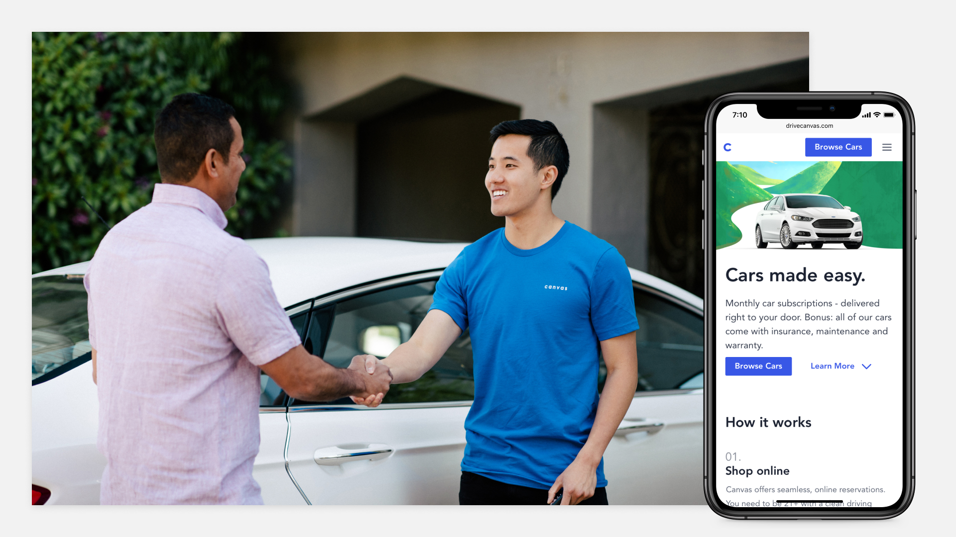 Photograph of two men shaking hands in front of a car with picture of mobile website for drivecanvas.com overlayed