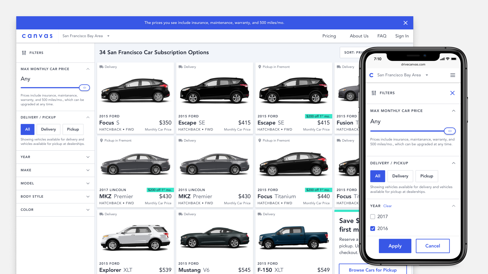 Two screenshots of a web based car shopping experience showing a grid of cars with details like name model, year and price, as well as a mobile phone with a screenshot of tools for filtering results by price, pickup, and year.